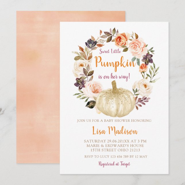 Elegant Söt lilla knumpkin Baby Shower Inbjudningar (Fram/baksida)