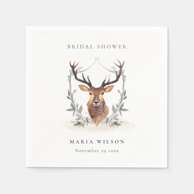 Elegant Söt Mörk Hjort Blommig Vapen Bröllopsfest Pappersservett (Framsidan)