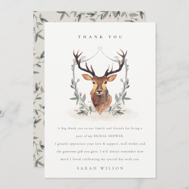 Elegant Söt Mörkbrun Hjort Blommig Vapen Bröllopsf Tack Kort (Fram/baksida)