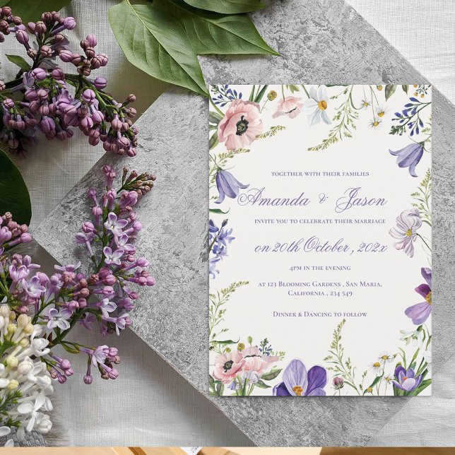 Elegant Söt Peach Lila Blue Blommigt Bröllop Inbjudningar (Elegant Pretty Peach Purple Blue Floral Wedding Invitation)