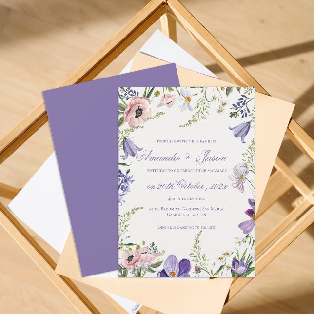 Elegant Söt Peach Lila Blue Blommigt Bröllop Inbjudningar (Elegant Pretty Peach Purple Blue Floral Wedding Invitation)