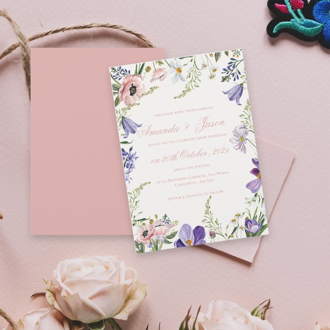 Elegant Söt Peach Lila Blue Blommigt Bröllop Inbjudningar (Elegant Pretty Peach Purple Blue Floral Wedding Invitation)