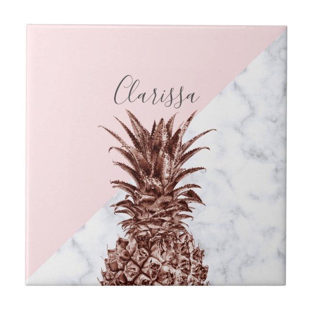 Elegant söt ro guld ananas, vit marmor kakelplatta (Framsidan)