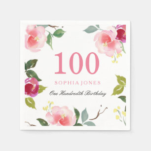Elegant Söt Rosa Blommigt 100:e Födelsedagsfesten Pappersservett
