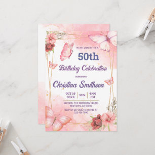Elegant Söt rosa blommigt Butterfly 50-årsdag Inbjudningar