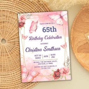 Elegant Söt rosa blommigt Butterfly 65e födelseda Inbjudningar