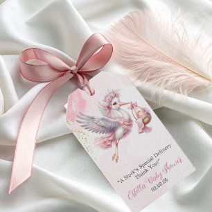 Elegant söt rosa Stork Babyflicka Shower Presentetikett