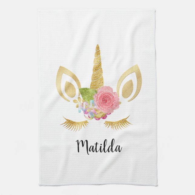 Elegant söt söt blommigt guld glitter unicorn kökshandduk (Vertikal)