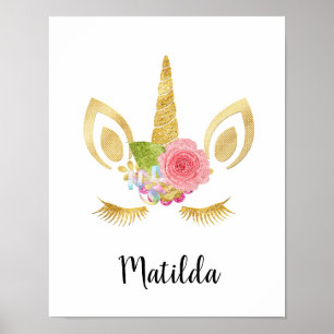 Elegant Söt söt blommigt guld glitter unicorn Poster