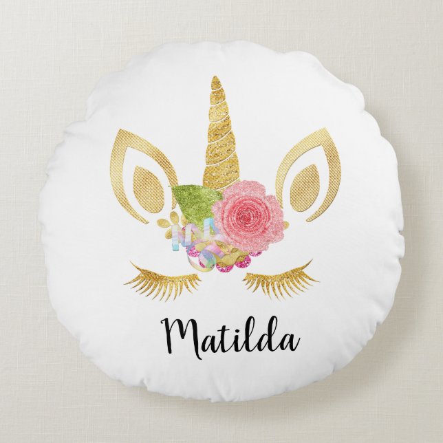 Elegant Söt söt blommigt guld glitter unicorn Rund Kudde (Framsidan)