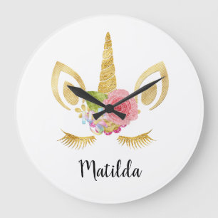 Elegant söt söt blommigt guld glitter unicorn stor klocka