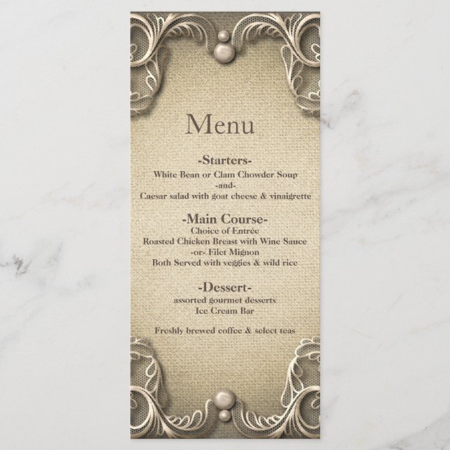 Elegant Southern Charm Rustic Burlap Bröllop Menu Meny (Framsida)