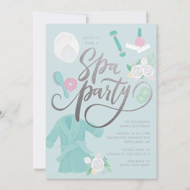 Elegant Spa Party-inbjudan Blue w/faux silver Inbjudningar (Framsida)