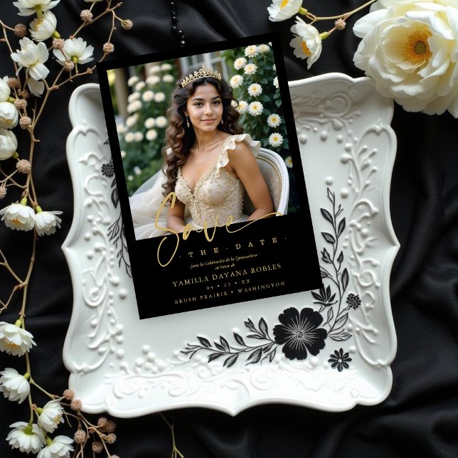 Elegant Spanish Black Trendy Quinceañera Photo Spara Datumet (Spanish Black Trendy Quinceañera Photo Save the Date Card Design. )