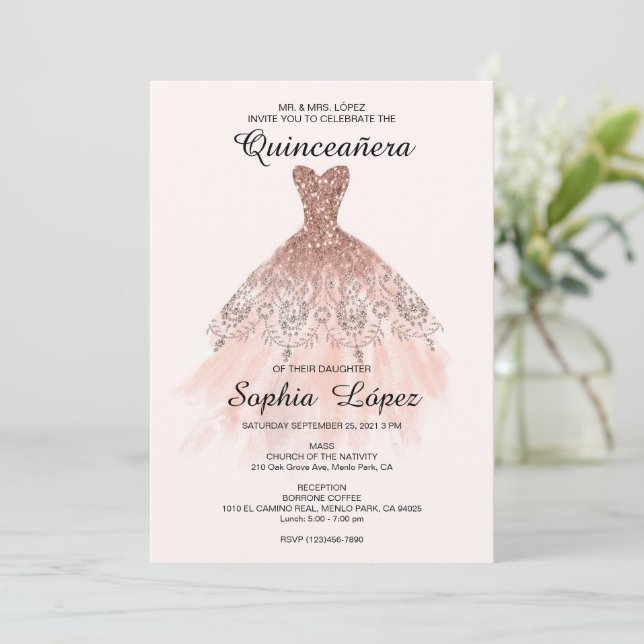 Elegant spansk Quinceañera Mis Quince rosa ros Inbjudningar (Stående Fram)