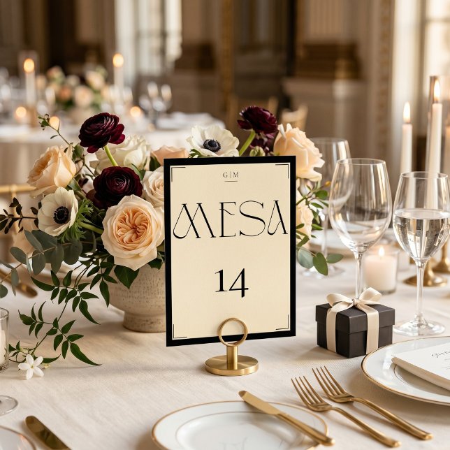 Elegant Spansk Svart Kräm Monogram Numero Mesa Bordsnummer (Skapare uppladdad)