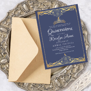 Elegant Spanska Mis Quince Navy Blue Guld Photo Inbjudningar