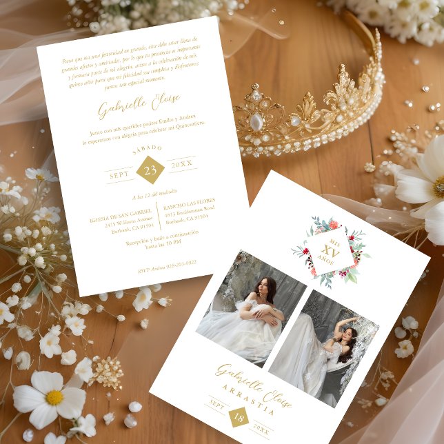 Elegant Spanska Modern Diamant Blommig Form Inbjudningar (panish Elegant Modern Floral Anagram 2 Photos Collage Metallic Foil Invitation with Envelope. )
