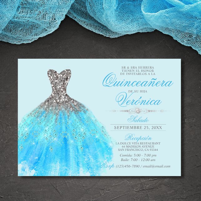 Elegant Spanska Quinceañera Mis Quince Blue Inbjudningar (Skapare uppladdad)