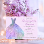 Elegant Spanska Quinceañera Mis Quince Lila Inbjudningar<br><div class="desc">Modern men ändå elegant Quinceañera Mis Quince Anoation. Glitter diamanttiara/krona och klänning/gäss. Ljust  lavendel lila med färglöst färg. Lätt att redigera mallkort. Perfekt för femtonde födelsedagsfesten.</div>