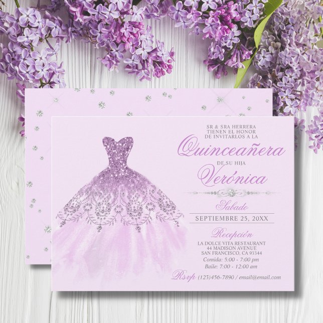 Elegant Spanska Quinceañera Mis Quince Lila Inbjudningar (Skapare uppladdad)