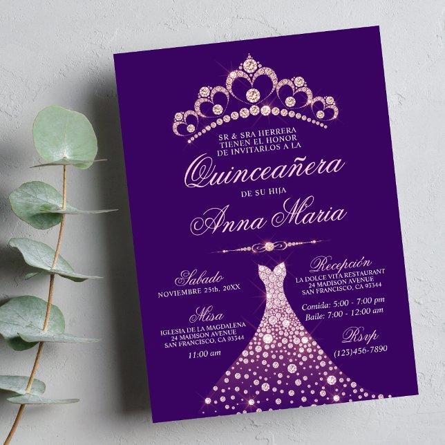 Elegant Spanska Quinceañera Mis Quince Lila Inbjudningar (Skapare uppladdad)