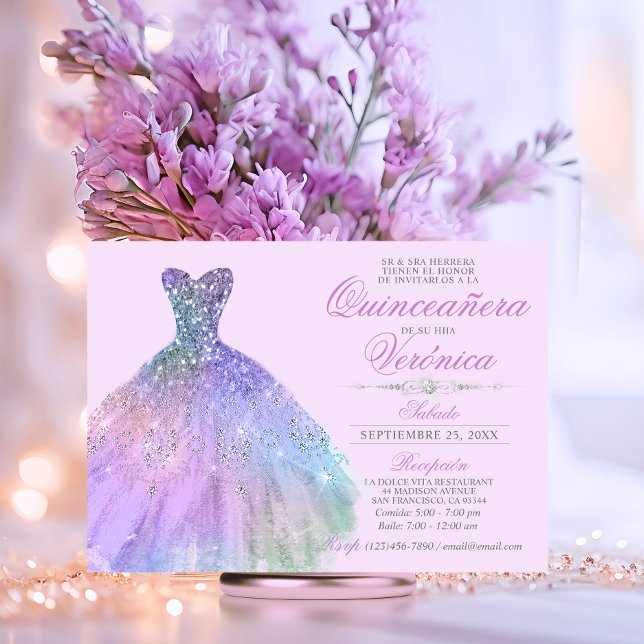 Elegant Spanska Quinceañera Mis Quince Lila Inbjudningar (Elegant Spanish Quinceañera Mis Quince Purple Invitation)
