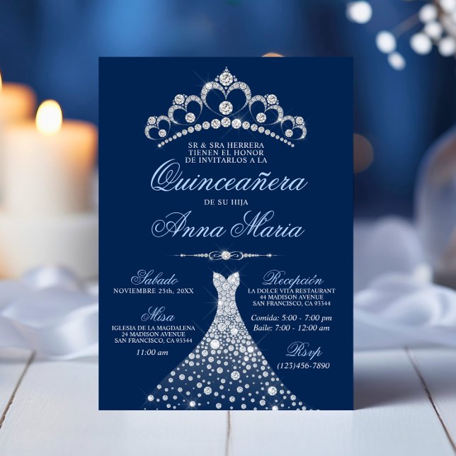 Elegant Spanska Quinceañera Mis Quince Navy Blue Inbjudningar (Elegant Spanish Quinceañera Mis Quince Navy Blue Invitation)