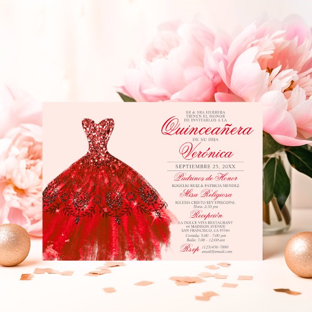 Elegant Spanska Quinceañera Mis Quince Röd ros Inbjudningar (Elegant Spanish Quinceañera Mis Quince RED roses Invitation)