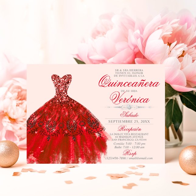 Elegant Spanska Quinceañera Mis Quince Röd ros Inbjudningar (Elegant Spanish Quinceañera Mis Quince RED roses Invitation)