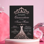 Elegant Spanska Quinceañera Mis Quince Rosa Inbjudningar<br><div class="desc">Modern men ändå elegant Quinceañera Mis Quince Anoation. Glitter diamanttiara/krona och klänning/gäss. Ljust  rosa och svart färg. Lätt att redigera mallkort. Perfekt för femtonde födelsedagsfesten.</div>
