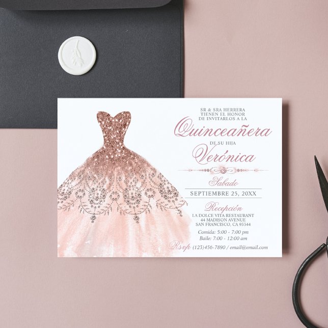 Elegant Spanska Quinceañera Mis Quince Rosa ros I Inbjudningar (Skapare uppladdad)