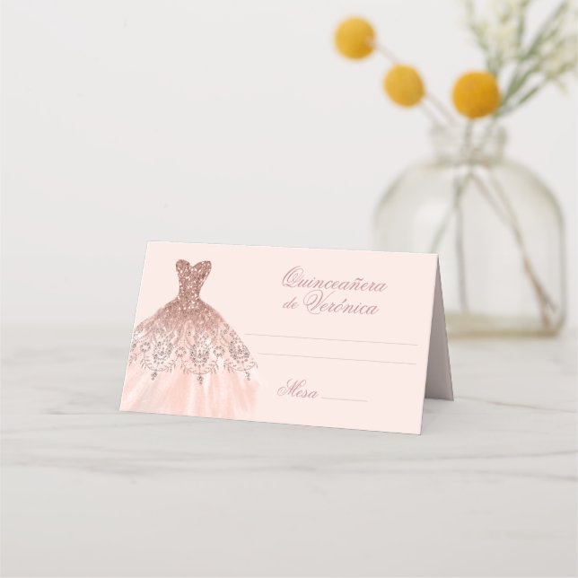 Elegant spanska Quinceañera Mis Quince Rosa ros Placeringskort (Framsida)