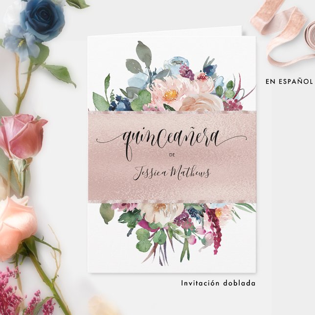 Elegant Spanska Ro Guld Quinceañera-folken Inbjudan (Skapare uppladdad)