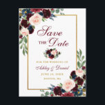 Elegant Spara datum Blått Blått Blommigt Guld Meddelande Vykort<br><div class="desc">Modern Elegant,  Watercolor Burgundy Marsala Blue Blommigt,  Guld Save Date Förlovning Postcard</div>