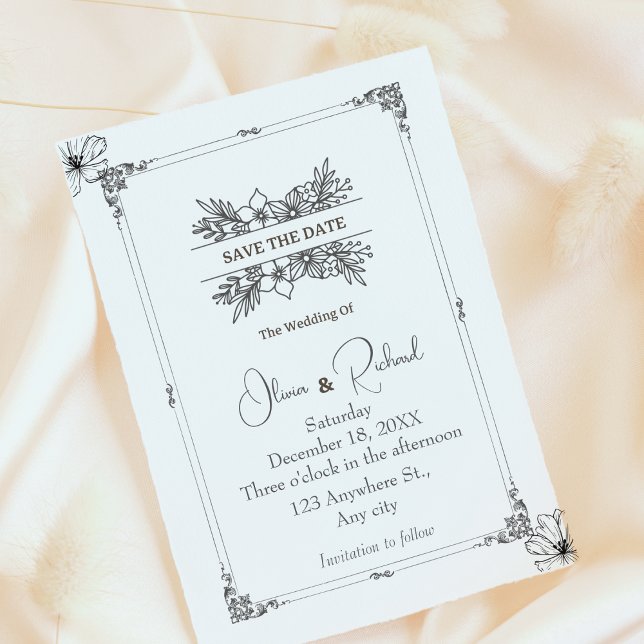 Elegant Spara datum Blommig Bröllopsannons  Datumet (Elegant Floral Save The Date Black and White Announcement Cards)