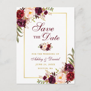 Elegant Spara datum Burgundy Blommig Guld Meddelande Vykort