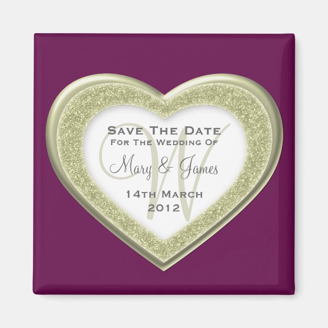 Elegant Spara datum Glitter Heart Guld Lila Magnet (Framsidan)