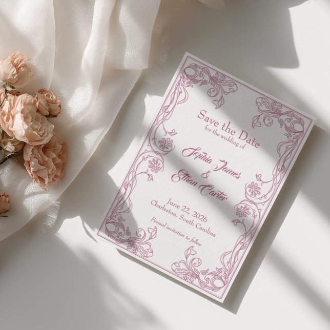 Elegant Spara datum-kort – Rosa Rosfiligran Inbjudningar (Skapare uppladdad)