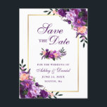 Elegant Spara datum Lila Violet Blommigt Guld Meddelande Vykort<br><div class="desc">Modern Elegant,  Watercolor Lila Ultra Violet Blommigt,  Guld Save the Date Förlovning Postcard</div>