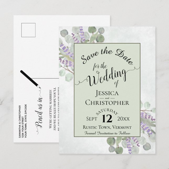 Elegant Spara Grönten Eucalyptus & Lavender Meddelande Vykort (Fram/baksida)