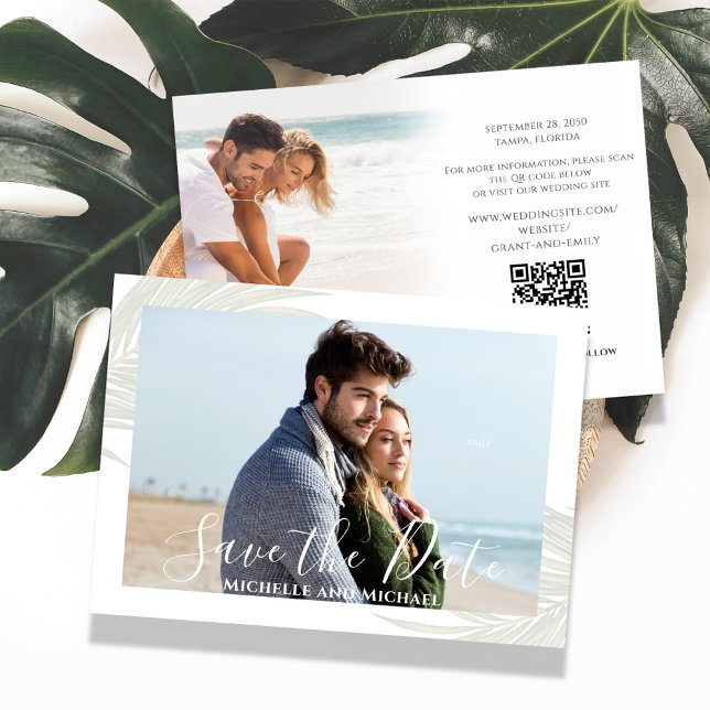 Elegant Spara Handflatan Date Destination Wedding Datumet (Elegant green palm leaves photo save the date card. With a scannable QR Code. )