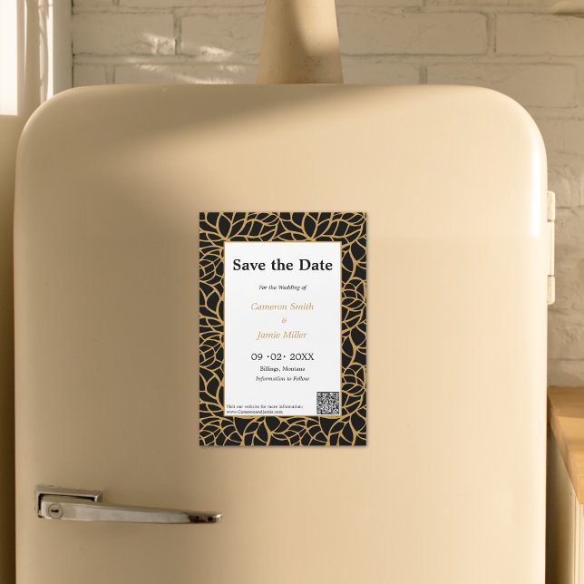 Elegant Spara textkonturen Date Black & Guld Magnetisk Inbjudningskort (Elegant Save The Date Black & Gold Foliage Outline Magnetic Invitation)