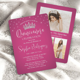 Elegant Sparkles Quinceañera 3 Photo Fuschia Rosa Inbjudningar