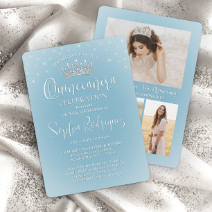 Elegant Sparkles Quinceañera 3 Photo Light Blue Inbjudningar