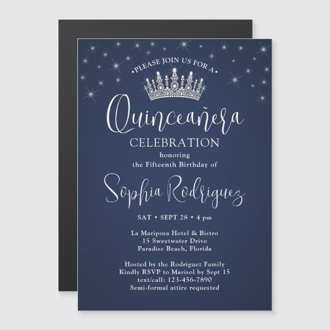 Elegant Sparkles Quinceañera Crown Navy Blue Magnetisk Inbjudningskort (Fram/baksida)