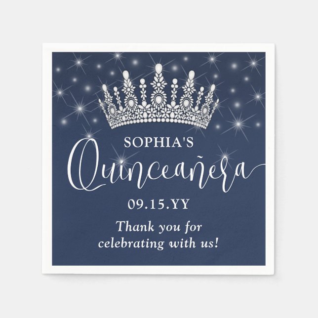 Elegant Sparkles Quinceañera Crown Navy Blue Pappersservett (Framsidan)