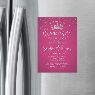 Elegant Sparkles Quinceañera Krona Fuschia Rosa Magnetisk Inbjudningskort