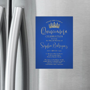 Elegant Sparkles Quinceañera Krona Royal Blue Guld Magnetisk Inbjudningskort