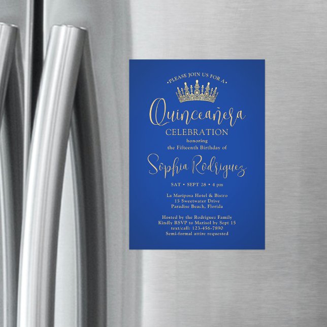 Elegant Sparkles Quinceañera Krona Royal Blue Guld Magnetisk Inbjudningskort (Skapare uppladdad)